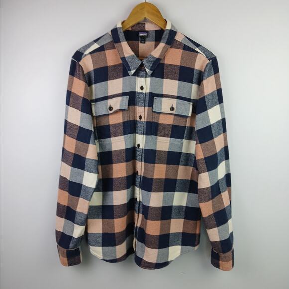 Patagonia Women's SZ L Women's Fjord Flannel Shirt Navy Peach Buffalo Check - Picture 2 of 5